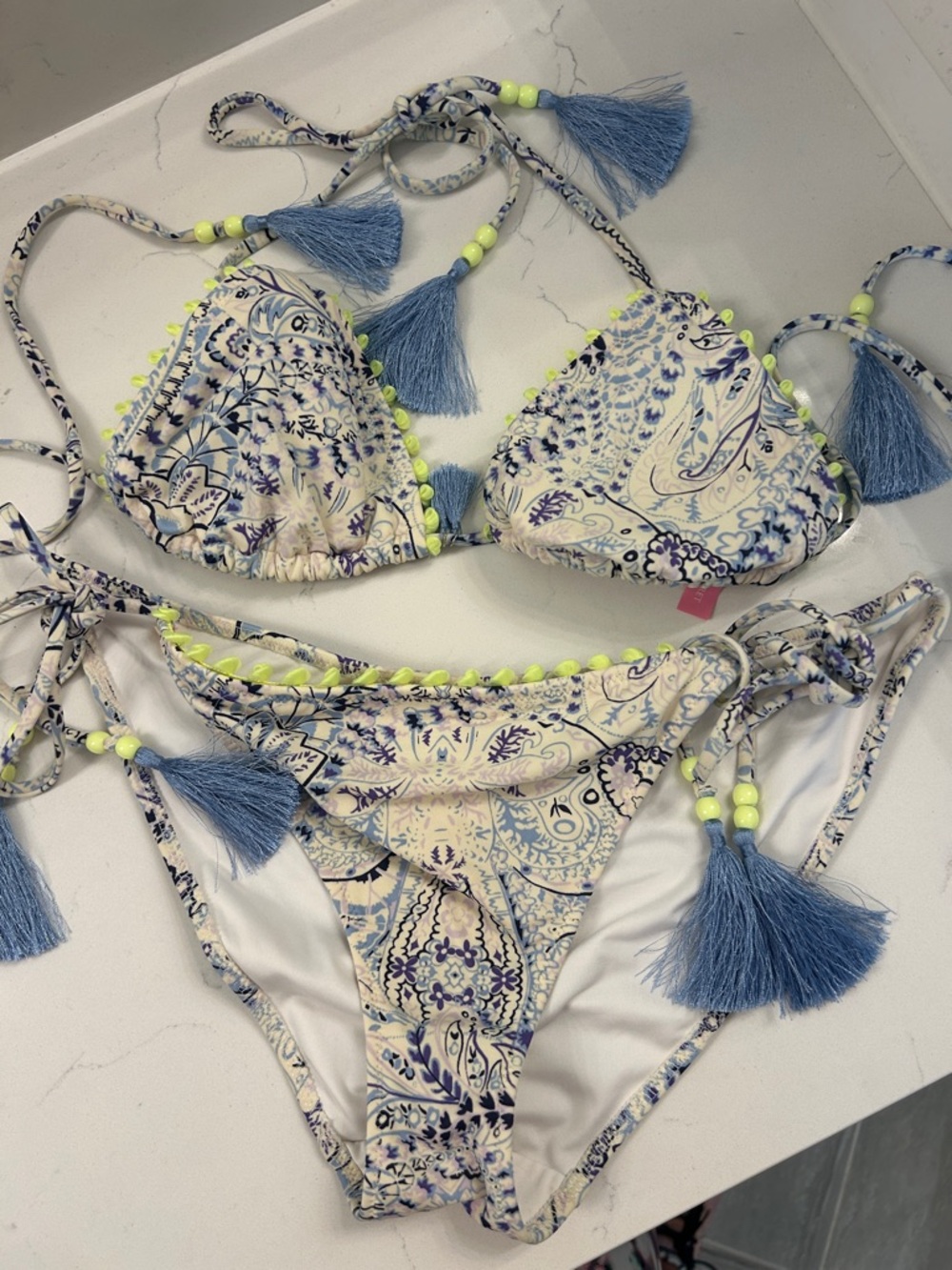 Victoria Secret Paisley Tassel Bikini Set in Blue and Cream